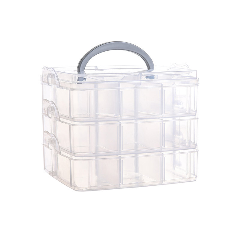 Boîte plastique transparente de rangement 18 compartiments / 3 étages, 15x15x12cm
