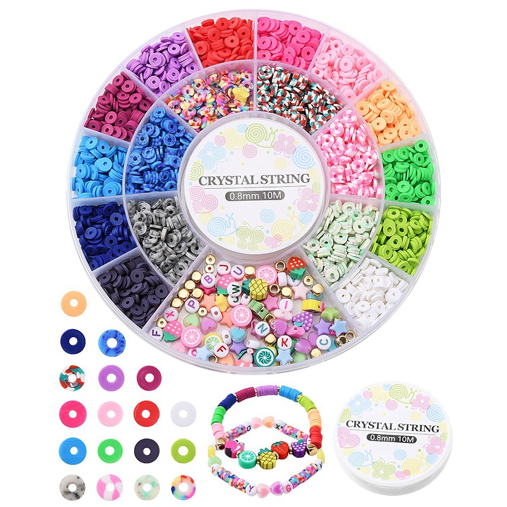 Kit complet de perles Heishi polymère, 18 couleurs, avec fil élastique et perles lettre, plastique et métal, env. 2600 pièces