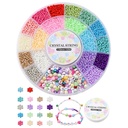 Kit complet de perles de rocaille, 2mm, 18 couleurs + perles lettres et plastique + fil élastique, env. 4500 pièces par boîte