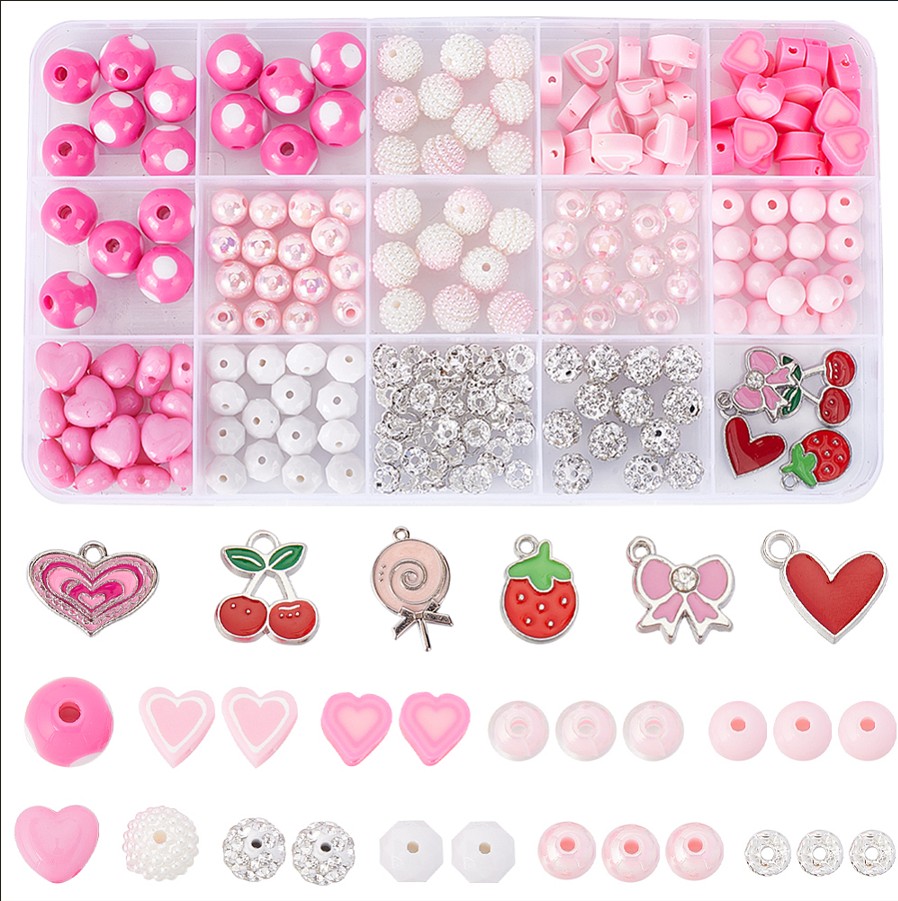 Kit perles acryliques, roses, avec accessoires, env. 250 pièces