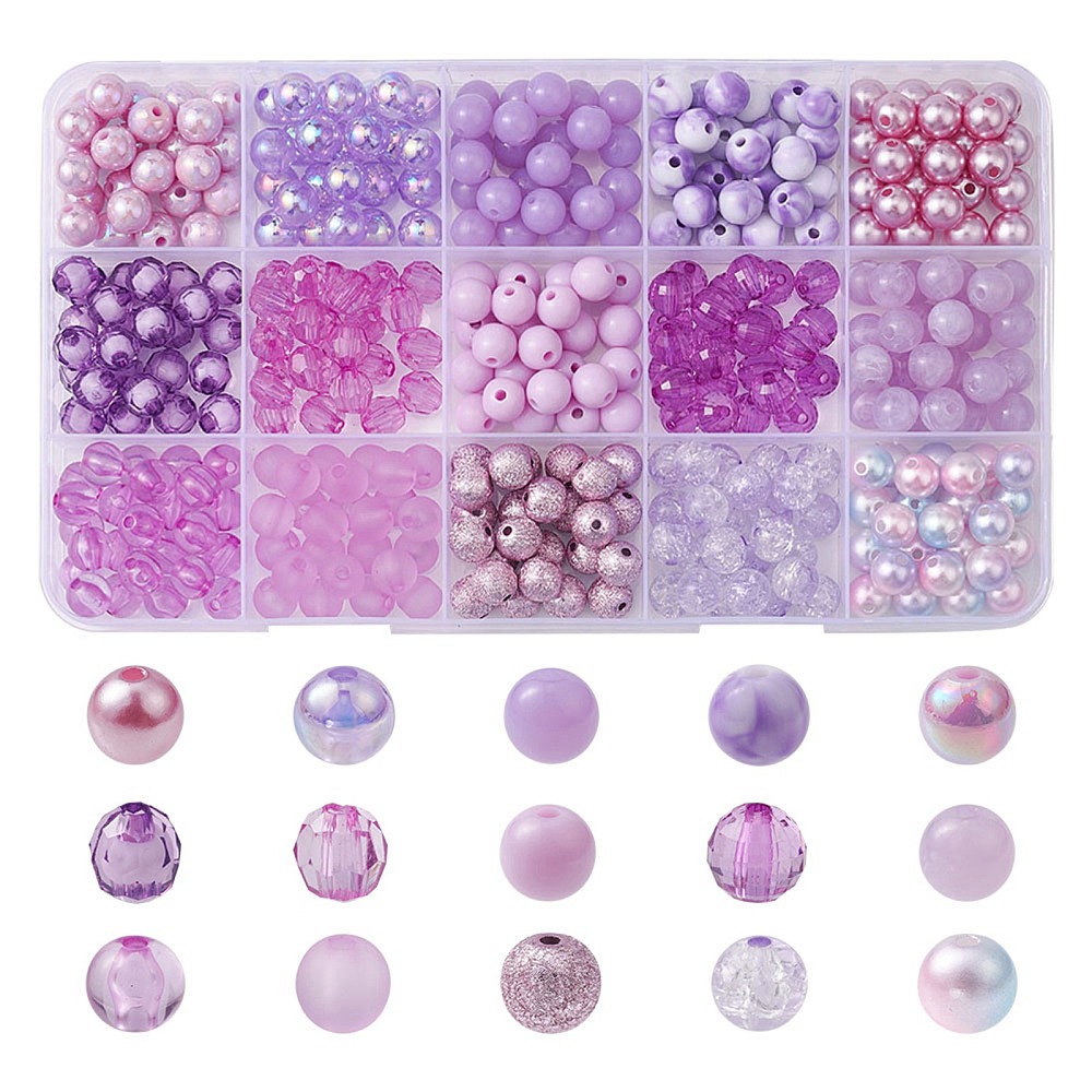 Kit/assortiment de perles acryliques, rondes, violettes, ~8mm, trou ~2mm, 375 pièces