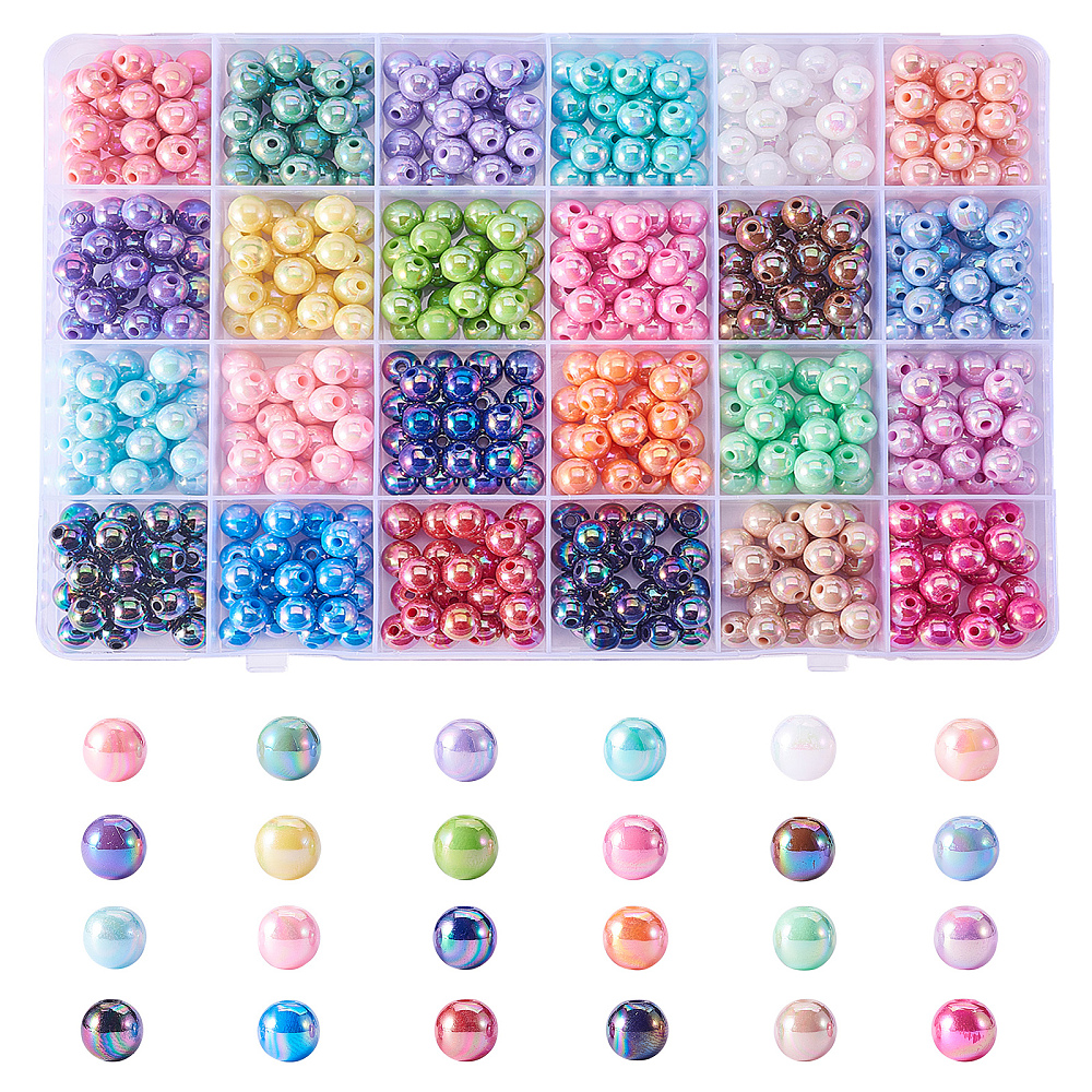 Kit/assortiment de perles acryliques, rondes, 24 couleurs, 8mm, trou 2mm, 600 pièces
