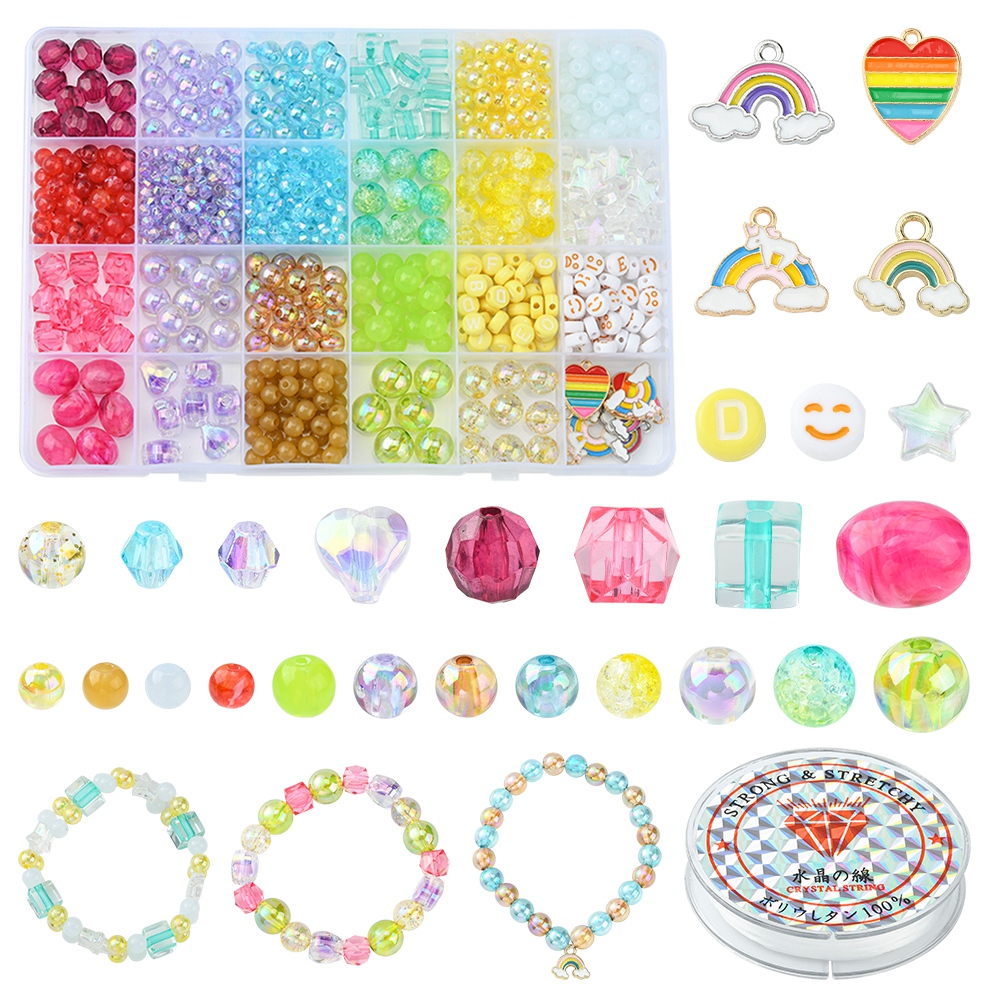 Kit perles acryliques, arc-en-ciel, avec accessoires et élastique, env. 770 pièces