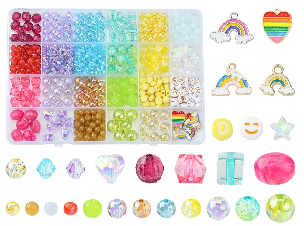 Kit perles acryliques, arc-en-ciel, avec pendentifs, env. 770 pièces
