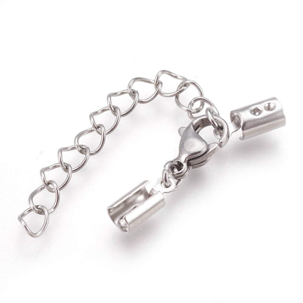 Fermoir homard avec embouts de cordon, INOX argenté, 32mm de long, avec chaîne de sécurité 42mm, pour fil de 3mm, unité