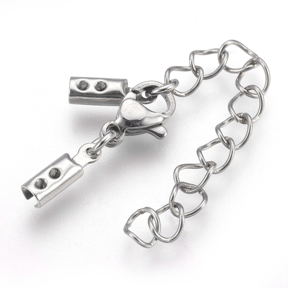 [STAS-P207-01P-C] Fermoir homard avec embouts de cordon, INOX argenté, 31mm de long, avec chaîne de sécurité 42mm, pour fil de 2mm, unité