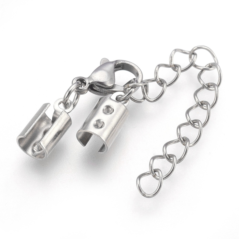 Fermoir homard avec embouts de cordon, INOX argenté, 36mm de long, avec chaîne de sécurité 43mm, pour fil de 4mm, unité