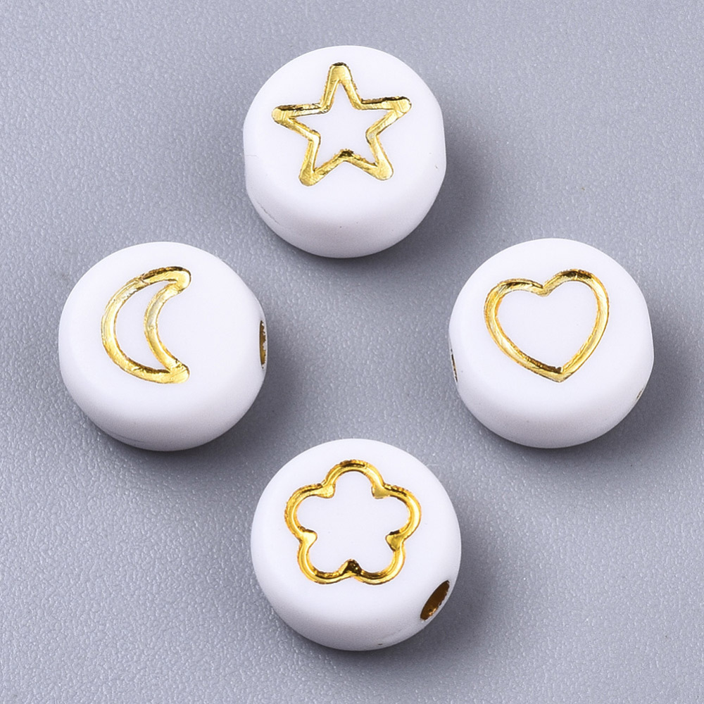 [X-PACR-N006-005] Perle en acrylique, divers dessins en doré, plate et ronde, 7x4mm, trou 1,6mm