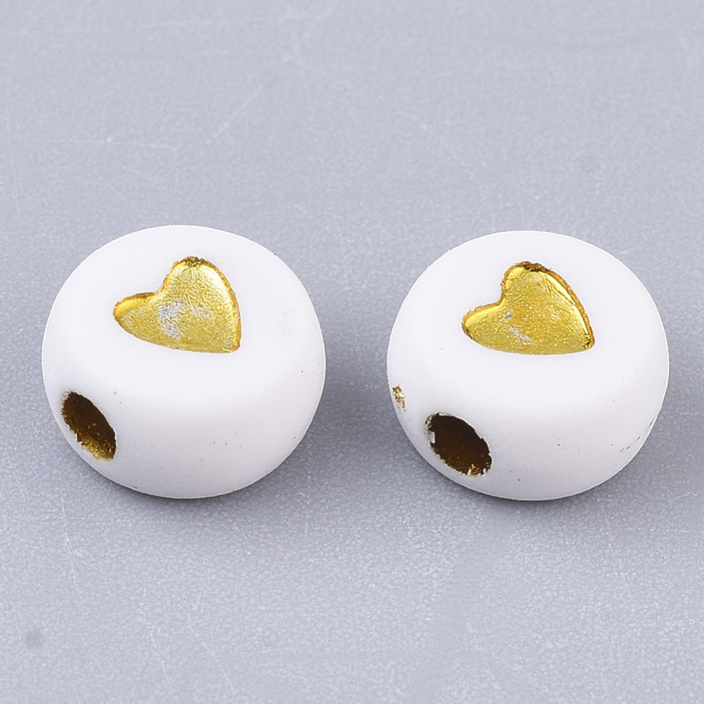 Perle en plastique, coeur doré, plate et ronde, 7x3,7mm, trou 1,8mm