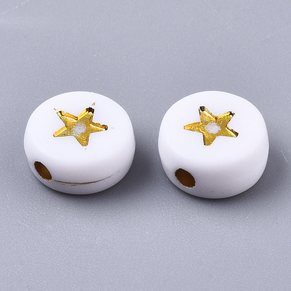 Perle en acrylique, étoile doré, plate et ronde, 7x4mm, trou 1,5mm