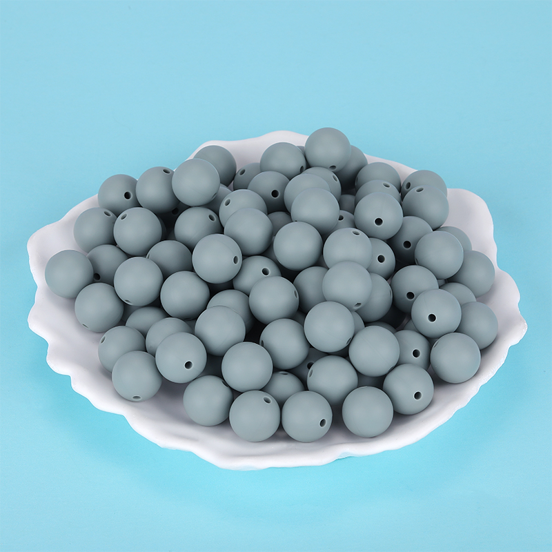 Perle en silicone, ronde lisse, BLEU-GRISES, diam 15mm, trou 2mm, x100 unités