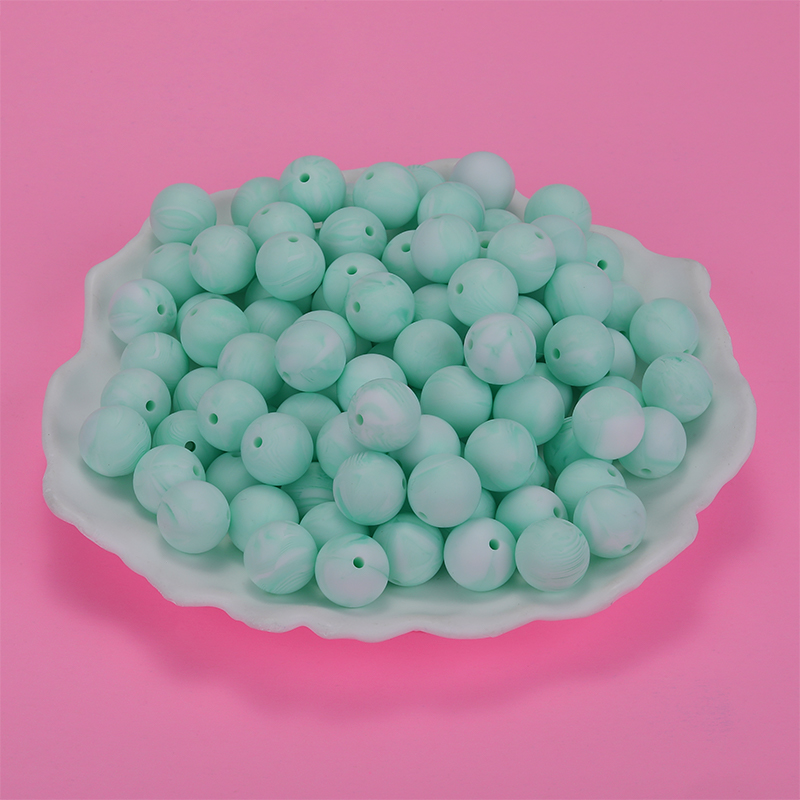 Perle en silicone, ronde lisse, MENTHE, diam 15mm, trou 2mm, x100 unités