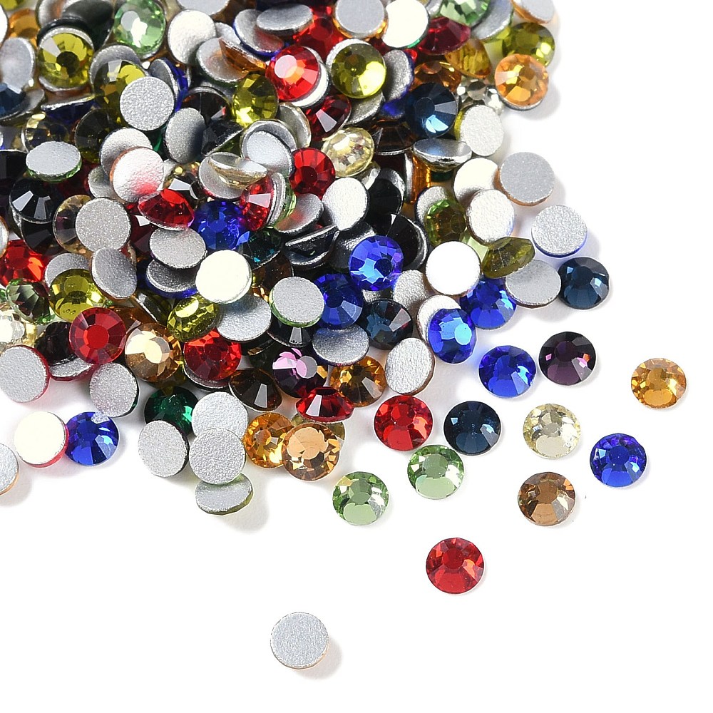 Strass en verre à dos plat, multicolor, qualité A, dos plaqué, facettés, taille 3 mm, env. 300 par fiole