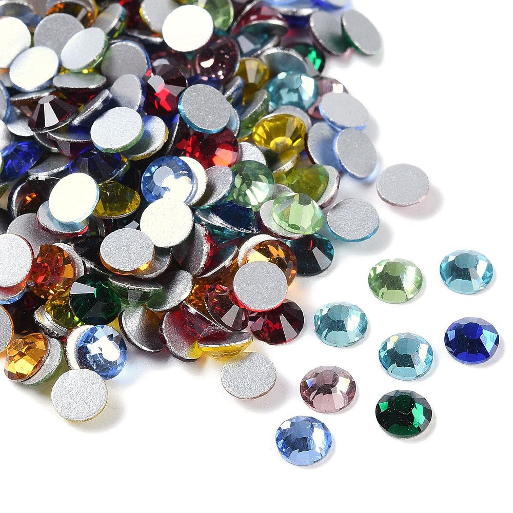 Strass en verre à dos plat, multicolor, qualité A, dos plaqué, facettés, taille 4,6 mm, env. 480 par fiole