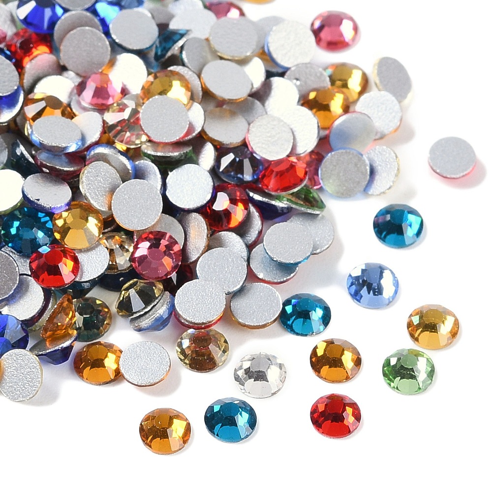 Strass en verre à dos plat, multicolor, qualité A, dos plaqué, facettés, taille 4 mm, env. 180 par fiole