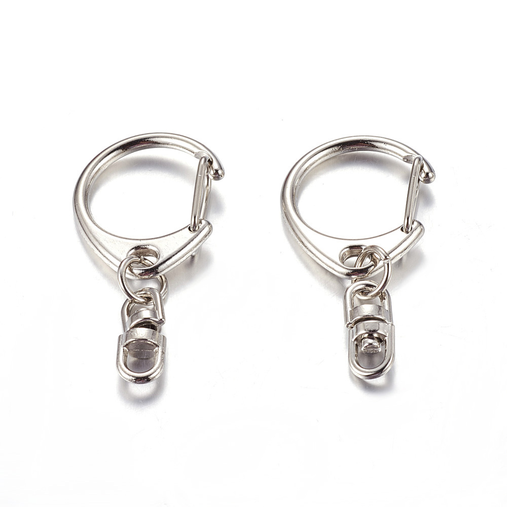 Anneau double porte clé en alliage de zinc, argenté, mousqueton, avec chaine fermée, 47x22mm, l'unité