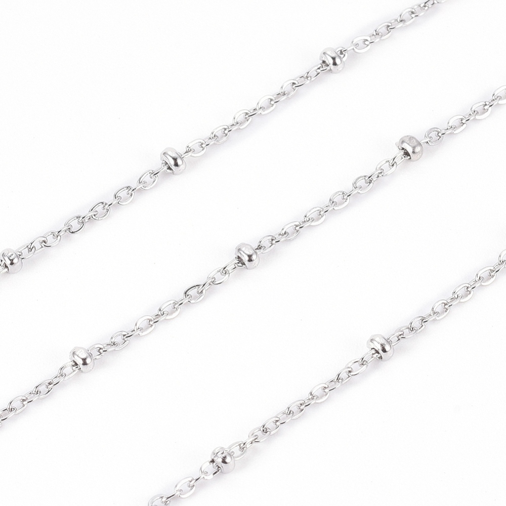 Chaîne en INOX argenté, soudée, avec perles, 1,6x1x0,3mm, au mètre