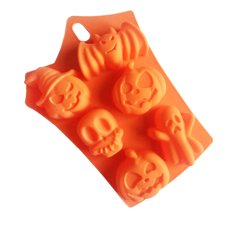 Moule en silicone thème Halloween, moule à gâteaux, biscuit, chocolat, à savon, motif citrouille, fantôme, chauve-souris et crâne, orange, 23,8x17x3,3cm
