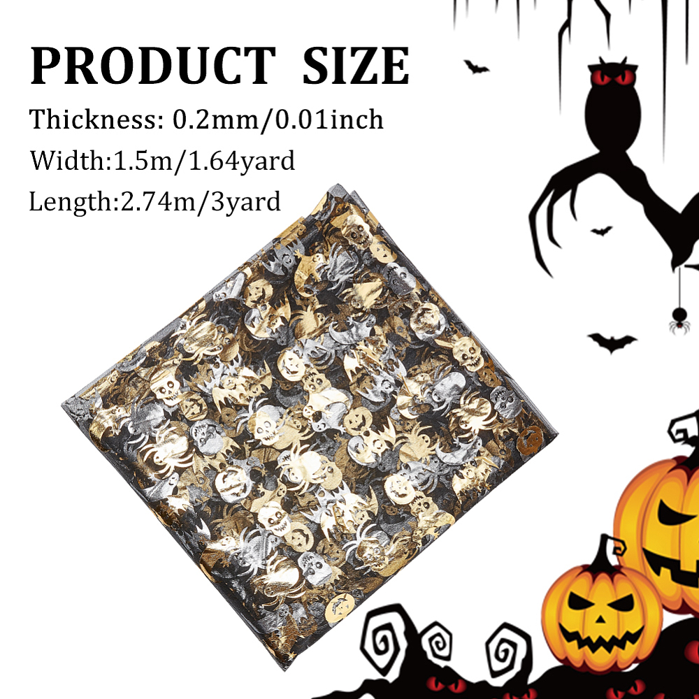 Tissu en maille de polyester, pour les accessoires vestimentaires, motif tête de mort et chauve-souris, noir et doré, Halloween, 274x150cm