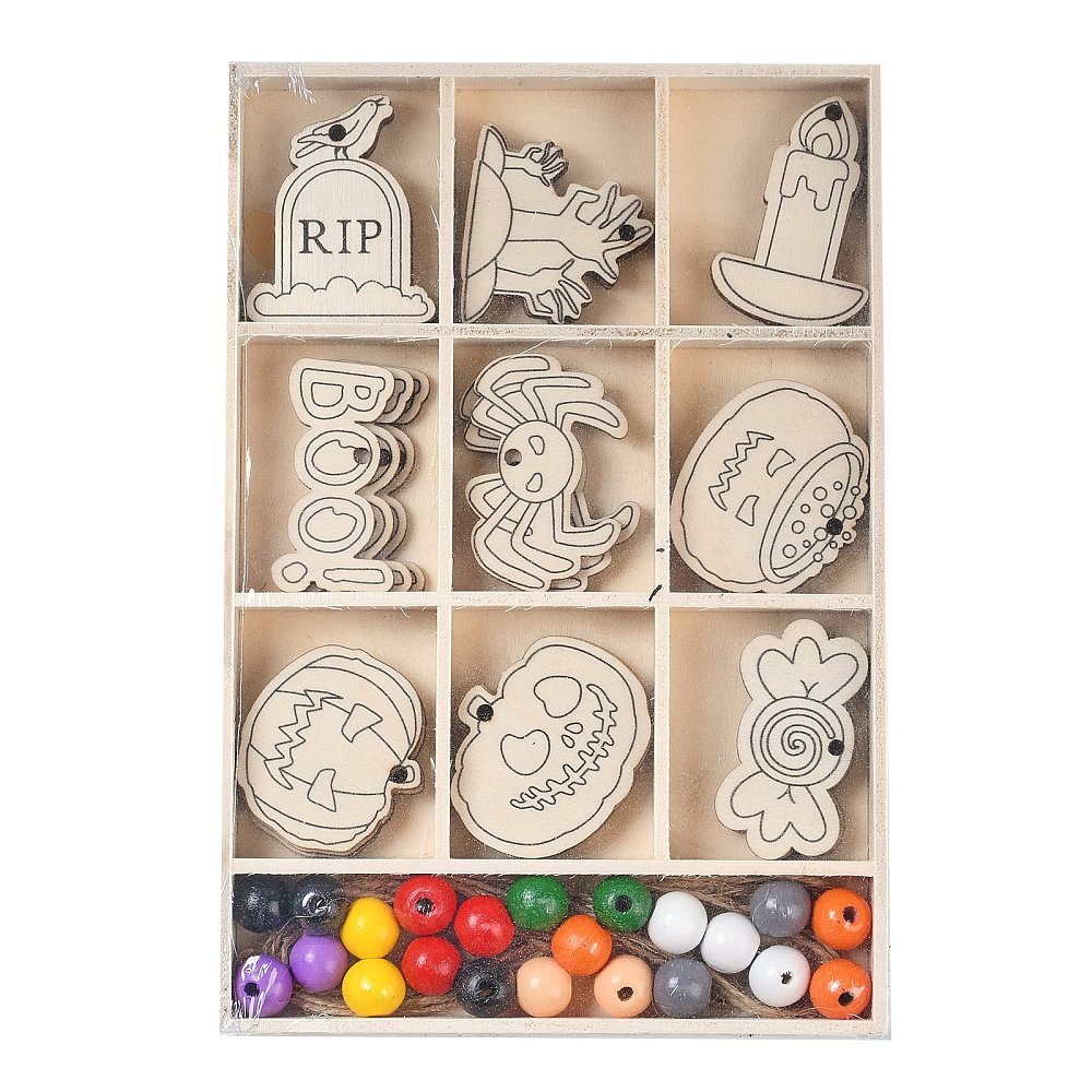 [WOOD-S063-01B] Suspensions Halloween en bois, avec perles de couleurs, 190x130x16mm