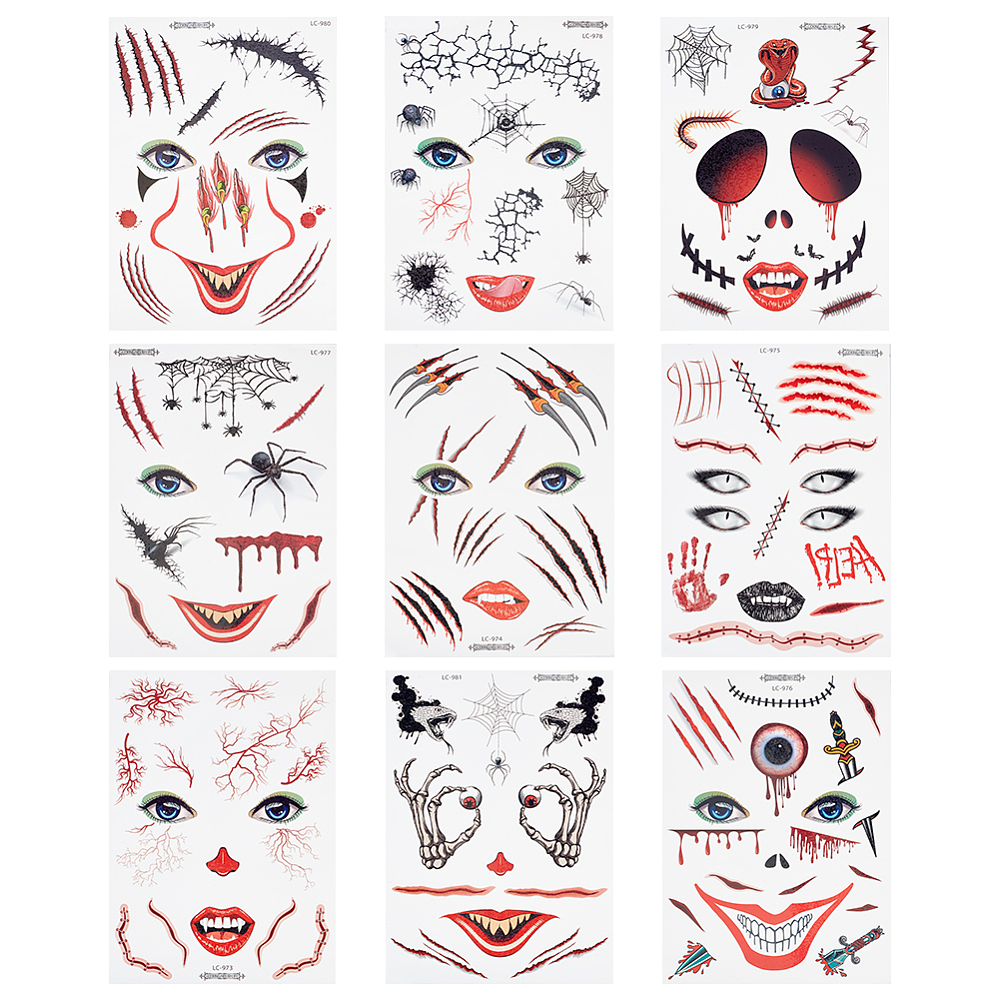 Tatouages temporaires visage thème Halloween, motifs variés, unité