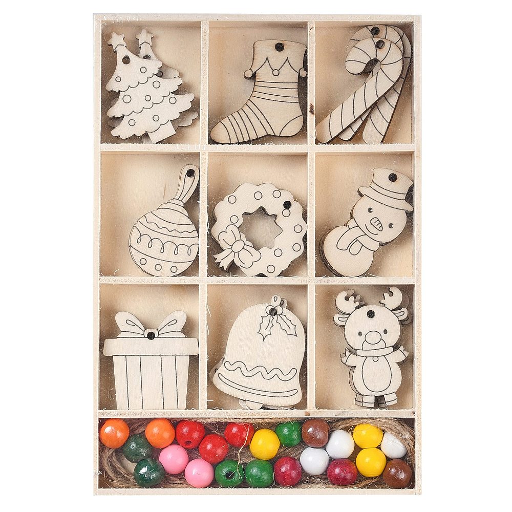 [WOOD-S063-01D] Suspensions NOËL en bois, avec perles de couleurs, 190x130x16mm