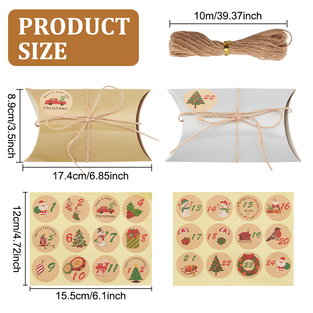 Calendrier de l'avent durable à construire, 24 coffrets cartonnés dorés et argentés, stickers, clips et corde