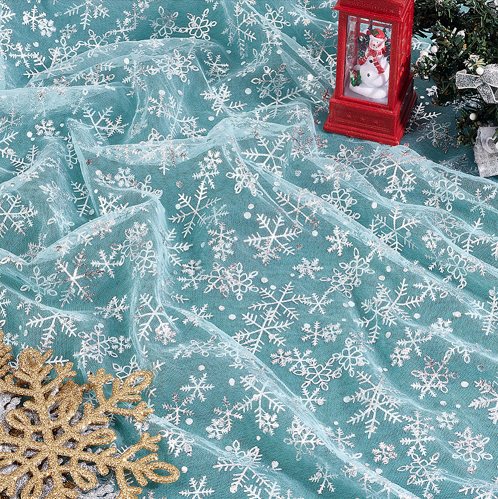[DIY-WH0581-11B] Tissu en maille de nylon, bleu ciel avec motif de flocon de neige, Noël, 160x60cm