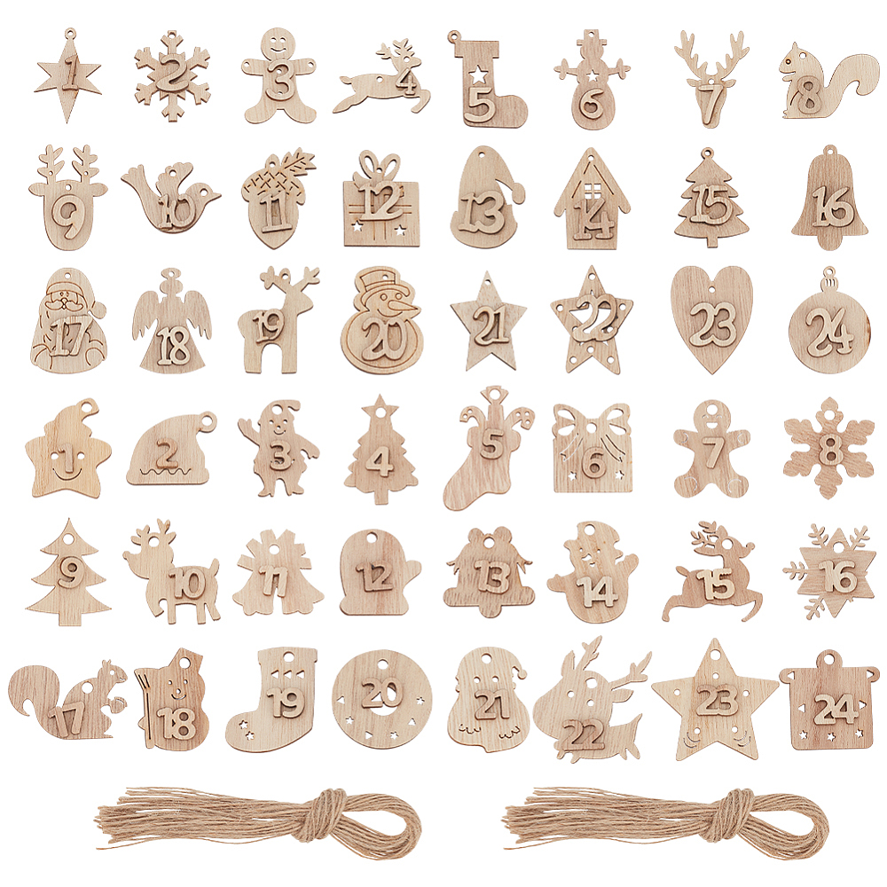 Décorations suspendues en bois pour calendrier de l'Avent de Noël, numéros 1-24, avec corde de jute 1 mm, pendentifs ~45x43.5x5.5mm, trou 2mm