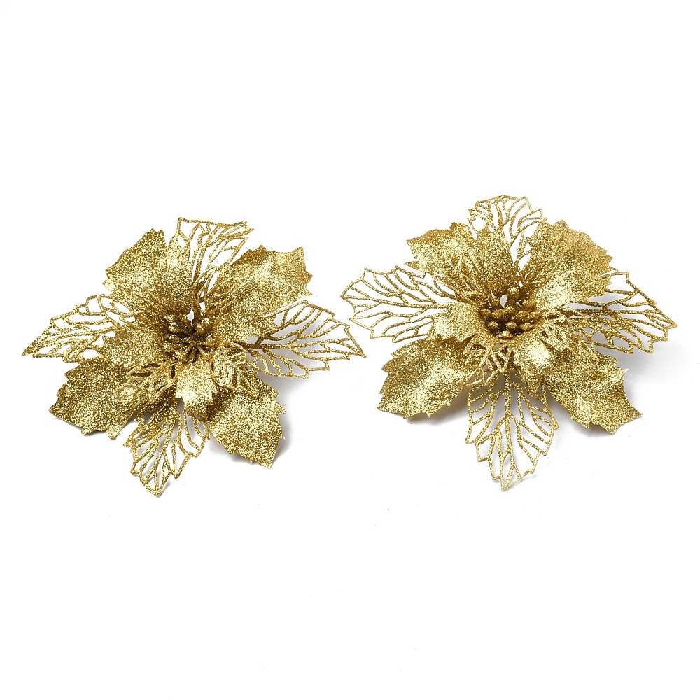 Décoration/ornement Noël, fleur artificielle en plastique, doré pailleté, ~165x65x40mm