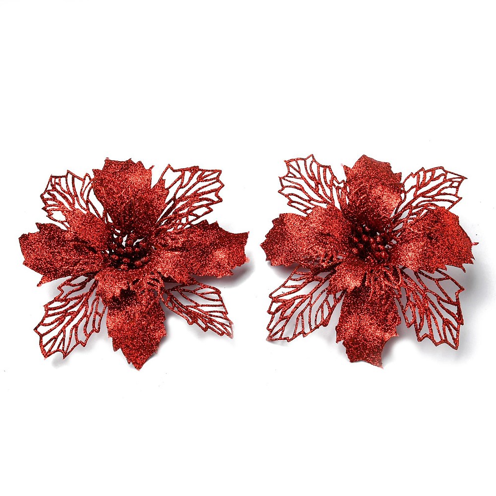 [HJEW-R124-05] Décoration/ornement Noël, fleur artificielle en plastique, rouge pailleté, ~165x65x40mm