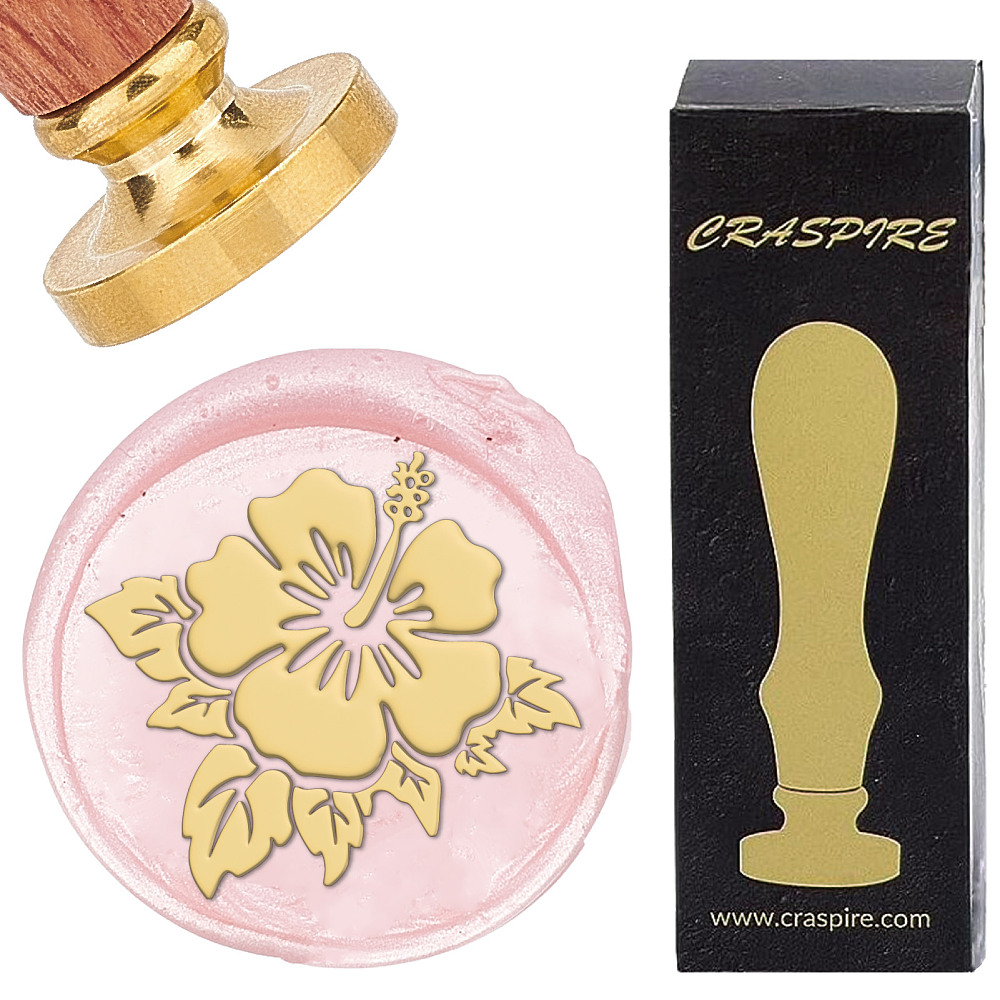 Tampon/Sceau de cire en laiton, doré, fleur d'hibiscus, avec manche en bois, timbre 25mm
