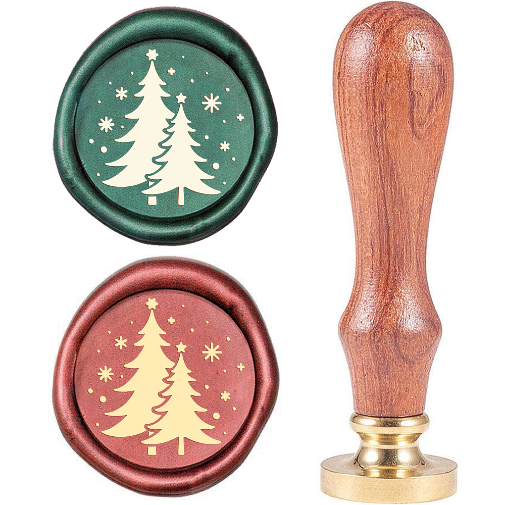 Tampon/Sceau de cire en laiton, doré, sapin de Noël, avec manche en bois, timbre 25mm