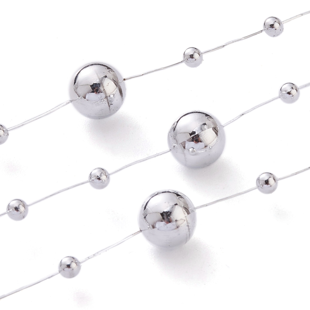 Guirlande de perles argentées plastique, fil métallique, décoration de fêtes diverses, 3mm et 8mm