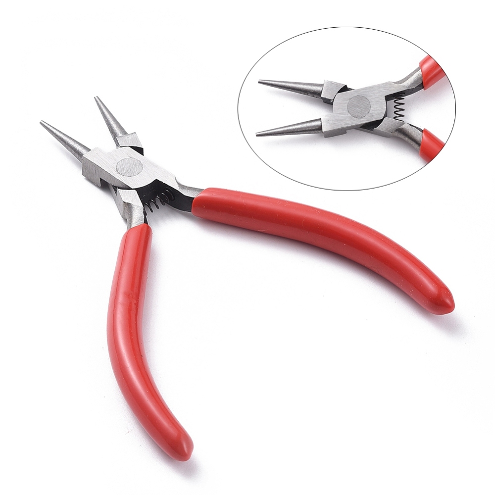 [PT-S057-2] Pince à bijoux en acier au carbone, bec rond pour boucles, manche rouge, 130x78x10mm, l'unité