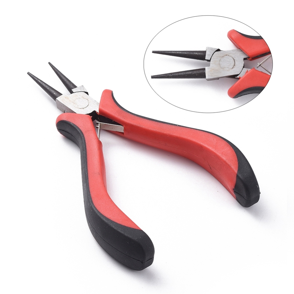 [PT-S035] Pince à bijoux en acier au carbone, bec rond pour boucles, manche rouge et noir, 126mm, l'unité