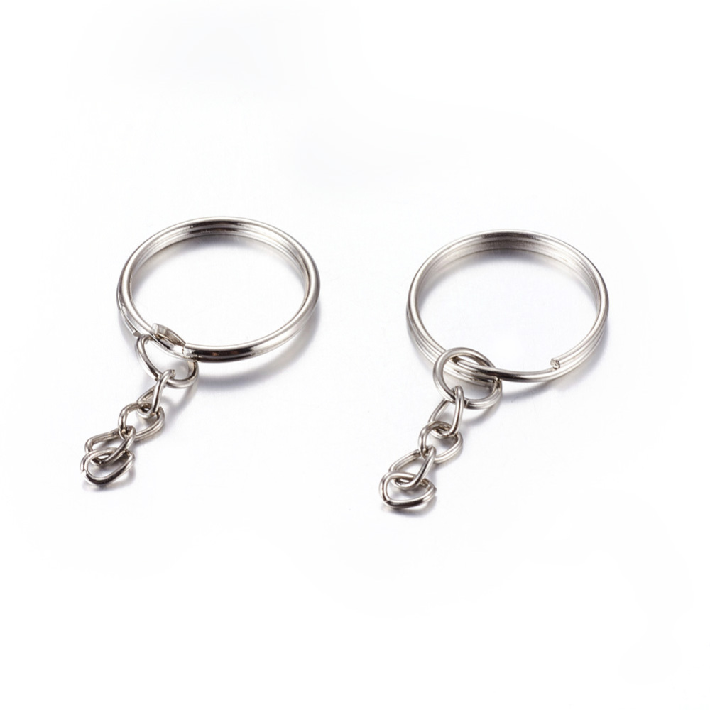 Anneau double porte clé en fer, argenté, rond, avec chainette, diam 25mm, épaisseur 2mm, l'unité