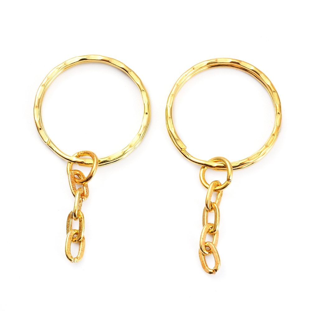 [E337-G] Anneau double porte clé en fer, doré, rond martelé, avec chainette, diam 25mm, épaisseur 2,5mm, l'unité