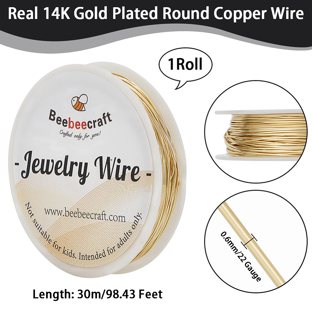[CWIR-BBC0001-03A-LG] Fil de cuivre pour fabrication de bijoux, plaque or 14k (22 jauge), 0,6mm, rouleau de 30m
