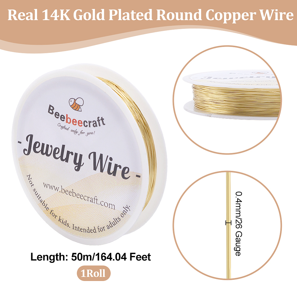 [CWIR-BBC0001-03D-LG] Fil de cuivre pour fabrication de bijoux, plaque or 14k (28 jauge), 0,3mm, rouleau de 80m
