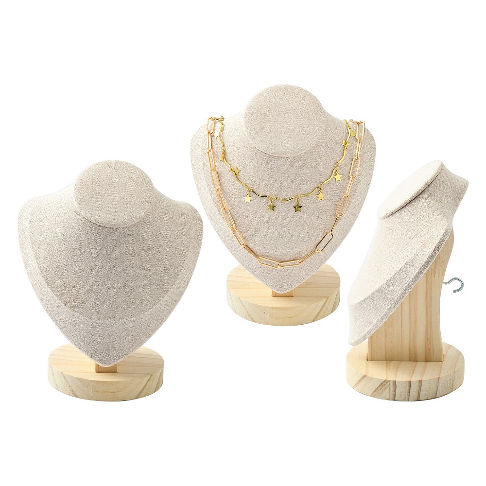 [NDIS-E022-01C] Présentoir collier buste en bois et velours beige, 15x17cm