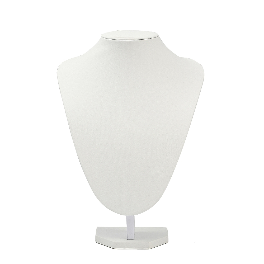 Présentoir collier buste en MDF et cuir PU blanc, 15x21x30cm