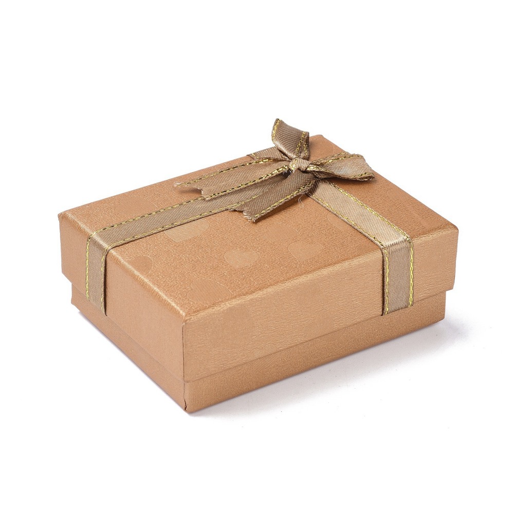 [CON-Z005-05F] Boîte de rangement pour bijou marron, en carton, motif coeur avec mousse noire, 9,1x6,9x3,6 cm, couvercle marron avec noeud marron foncé, unité