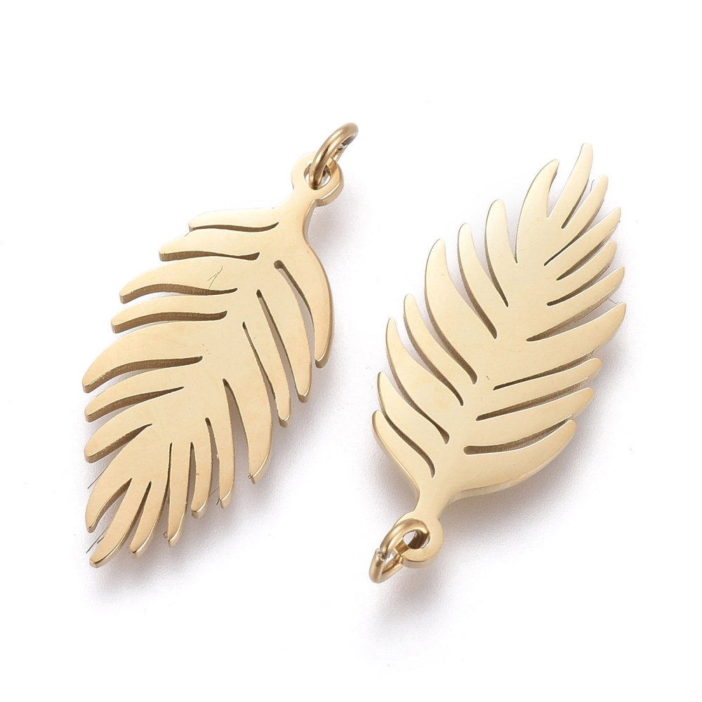 Pendentif INOX doré, placage ionique, feuille/plume, 19x8,5x0,8mm, anneau 3mm, l'unité