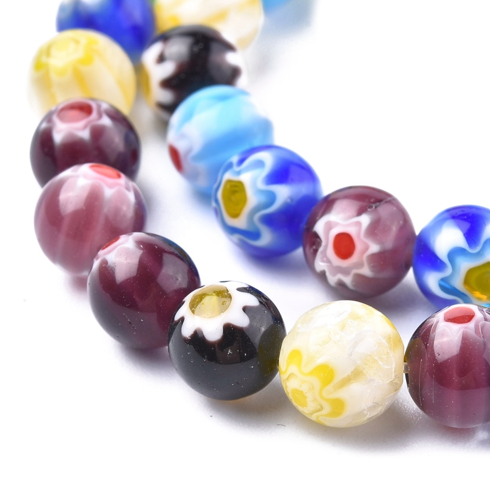 Perles en verre de millefiori, 8mm, trou 1mm, le brin d'env. 48 perles, couleurs mixtes