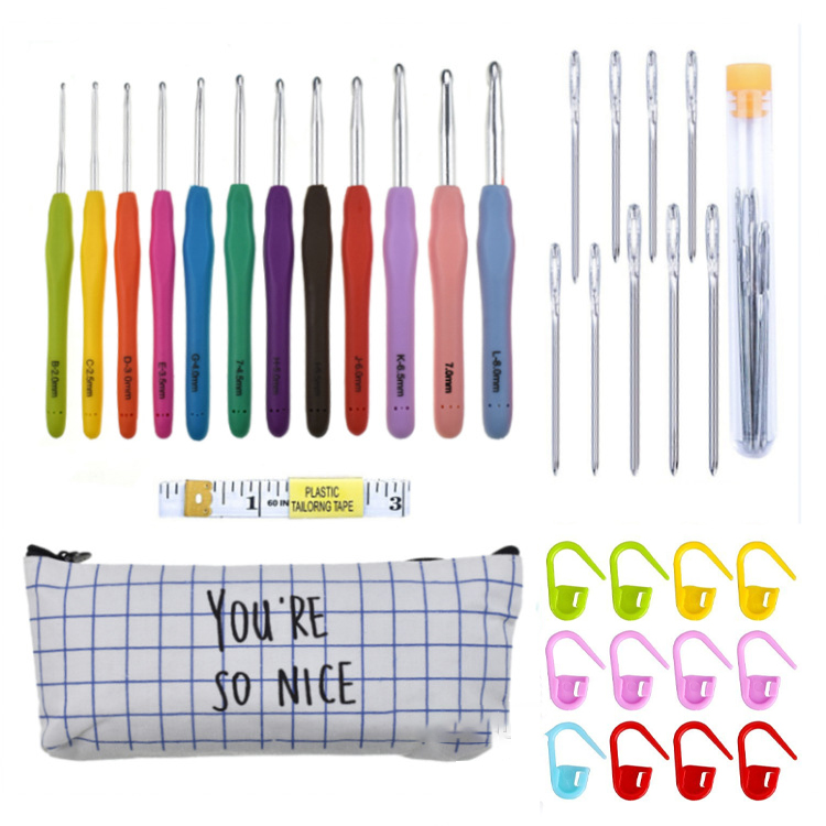 Kit complet pour le crochet : 14 crochets en aluminium, marqueurs de maille, mètre ruban, aiguilles, sac de rangement bleu et blanc