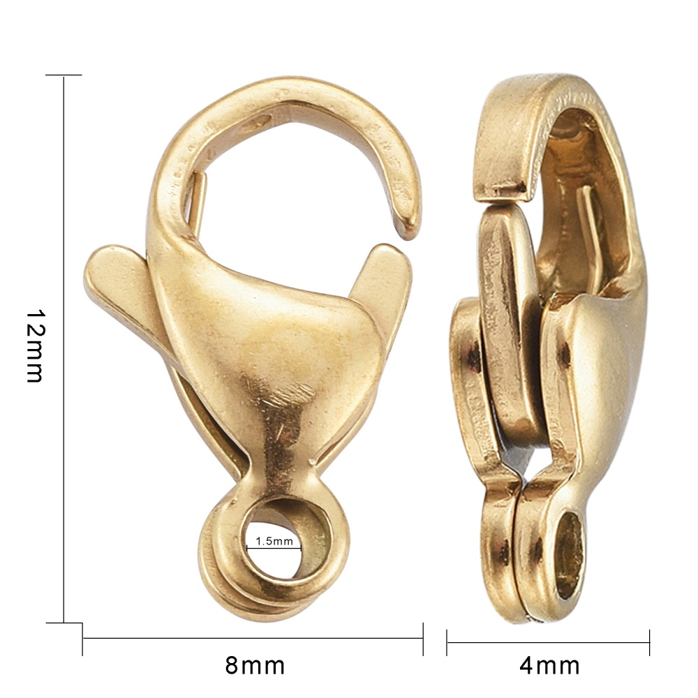 [STAS-H353-F-02G] Fermoir homard INOX doré, placage ionique, 15x9,5x4mm, trou 1,6mm, l'unité
