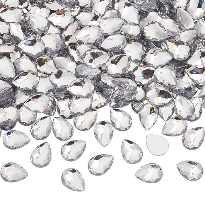 [GACR-FG0001-13] Strass en acrylique à dos plat, en forme de goutte, facettés, argentés transparents, 18x13x4mm, à l'unité