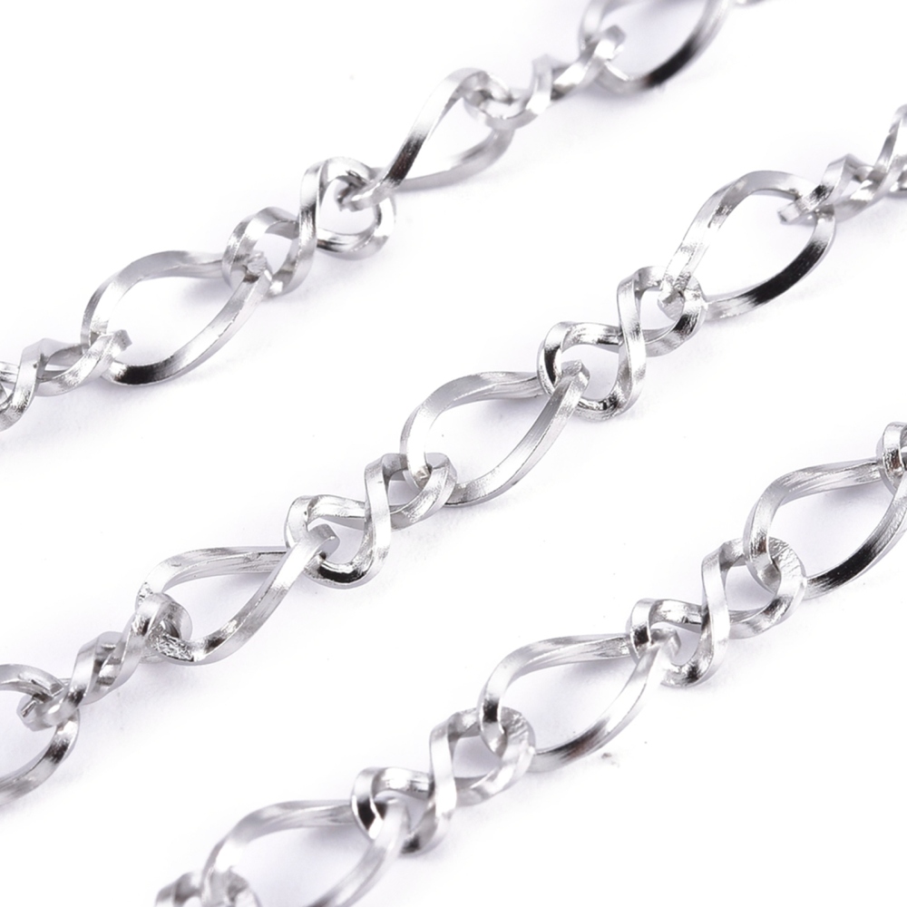 Chaîne en INOX argenté, figure 8, non soudée, 6x3,5x1mm, au mètre