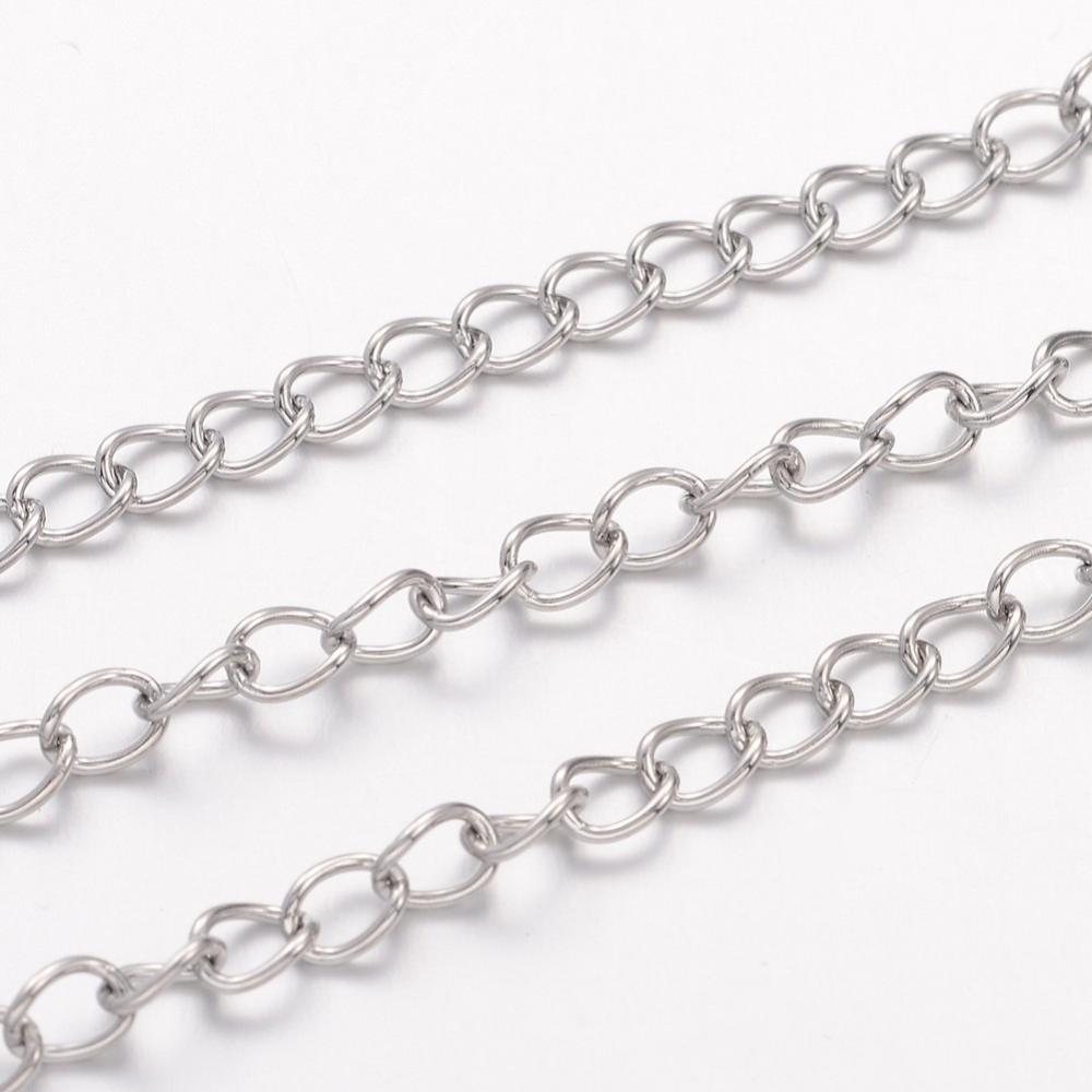 Chaîne en INOX argenté, maille gourmette, soudée, 4x3x0,6 mm, au mètre